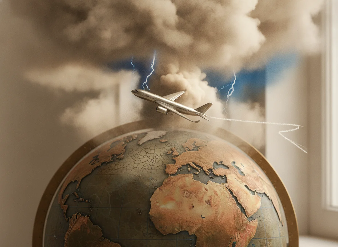 AI-generated conceptual illustration: a model airplane above a globe beneath storm clouds.