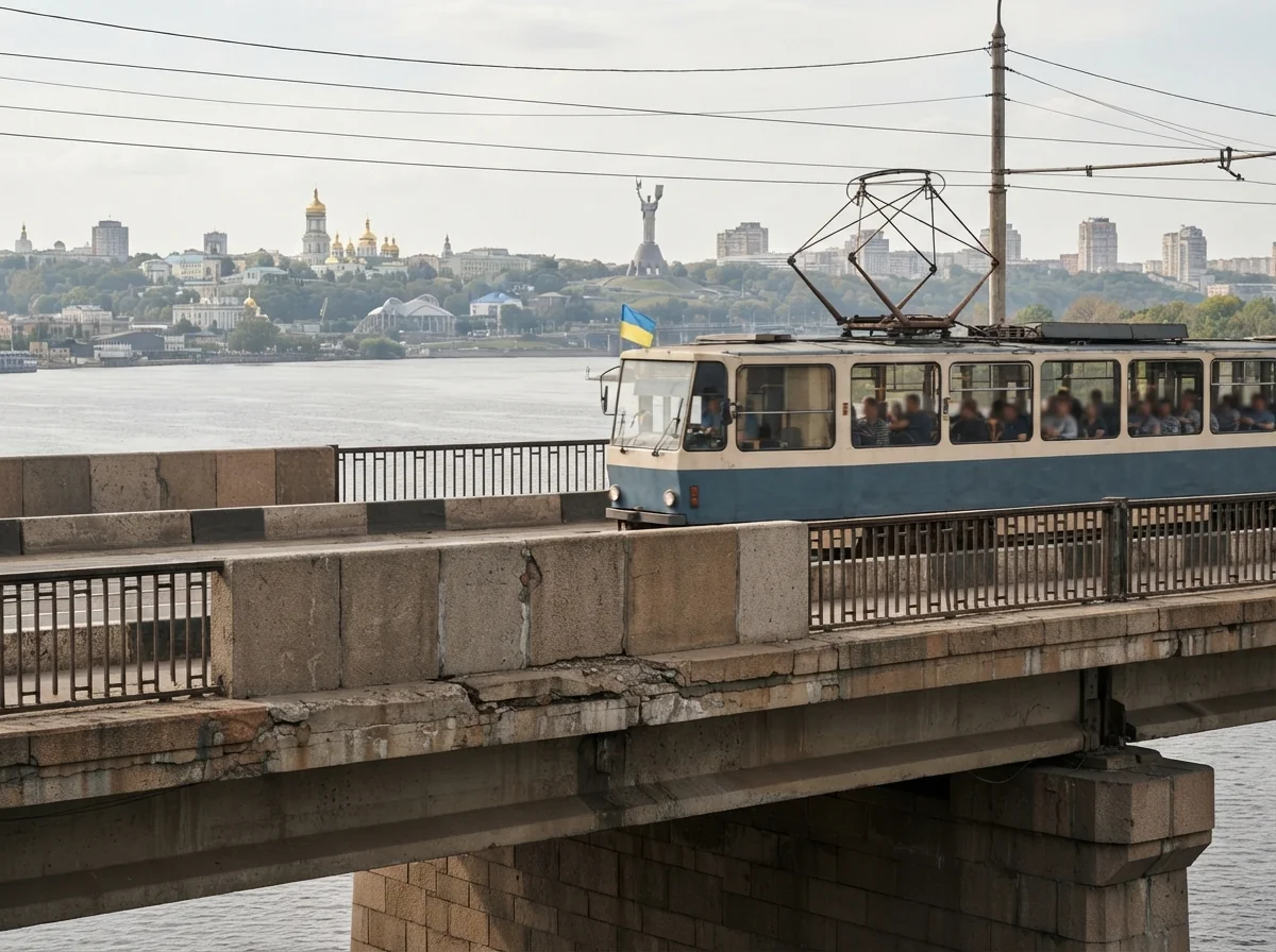 AI-generated conceptual illustration for the lesson: Kyiv Bridge Hit by Drone; German Chancellor Visits