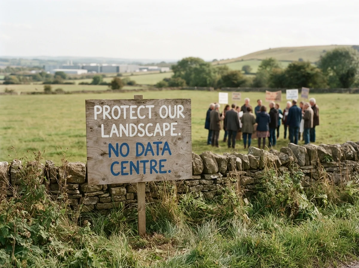 AI-generated conceptual illustration for the lesson: People Protest New Data Centre Plans